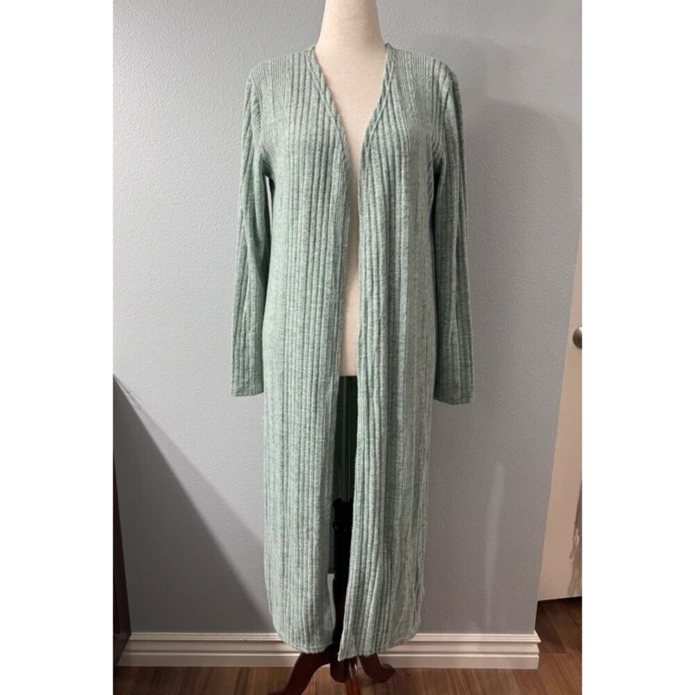 Umgee Plush Brushed Ribbed Knit Maxi Duster Cardigan Sage Green Large